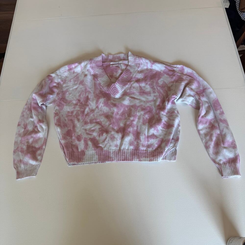 Anthropologie Pink White Tie Dye V Neck Sweater Size XS Cotton Long Sleeve